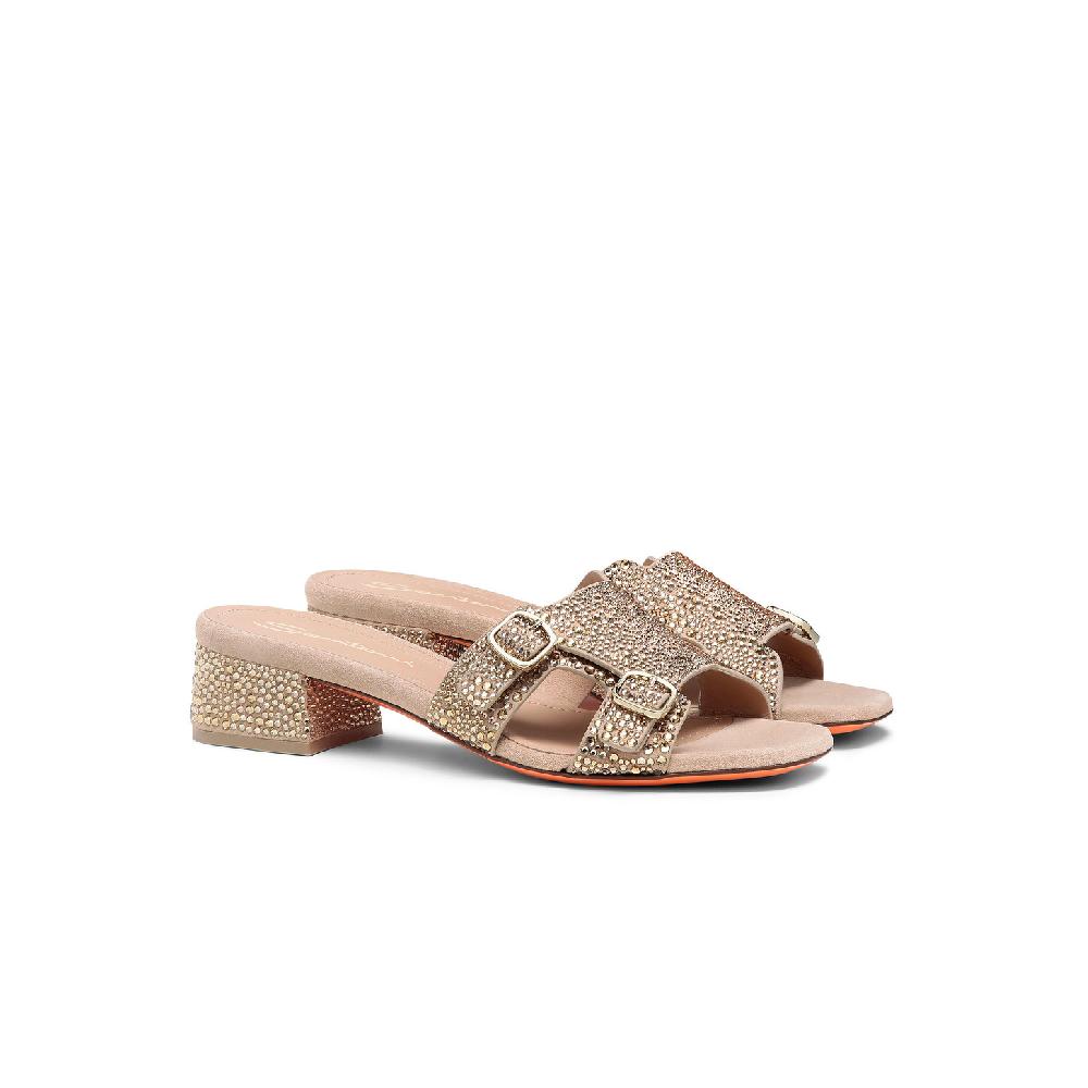 Santoni Sandalo Didi tacco basso da donna in suede e strass oro Consegna Veloce