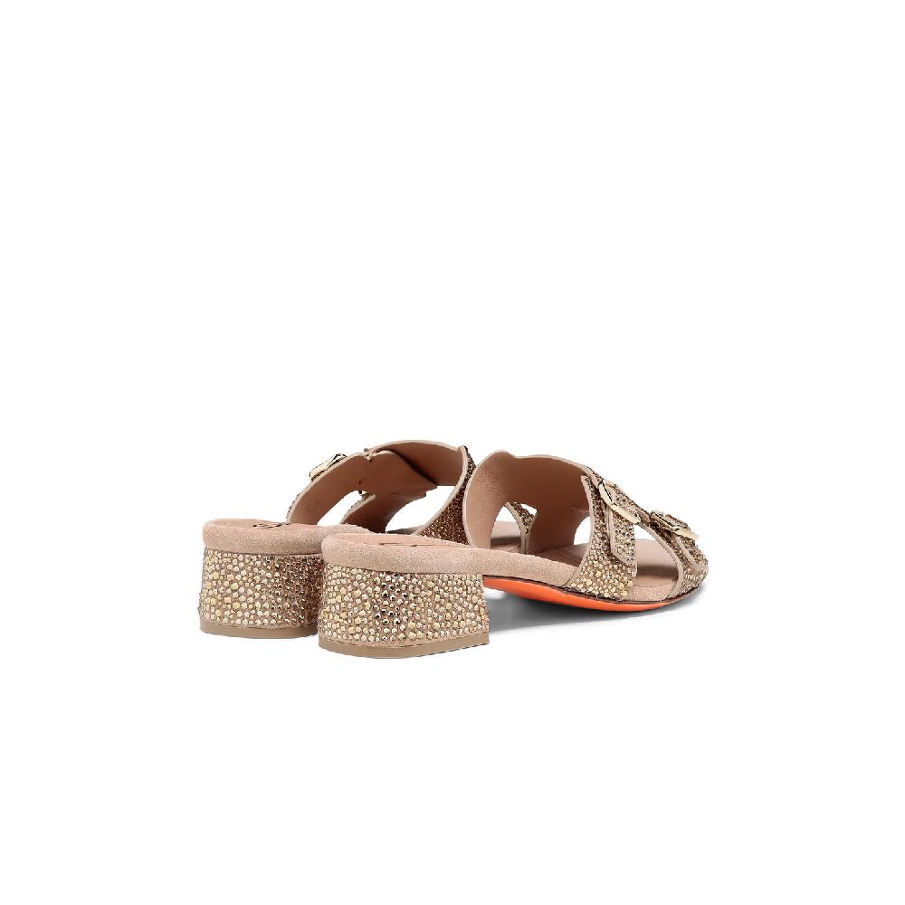 Santoni Sandalo Didi tacco basso da donna in suede e strass oro Consegna Veloce