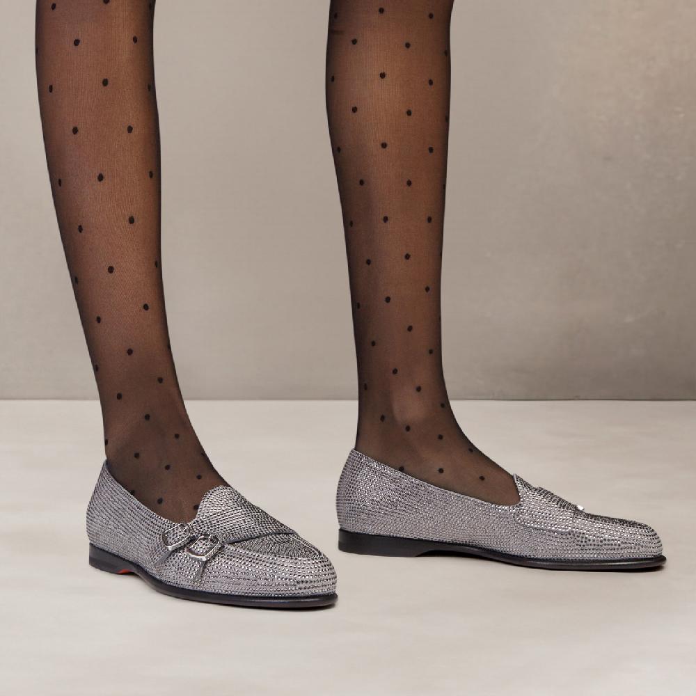 Santoni Mocassino Andrea doppia fibbia da donna in strass argento Offerta