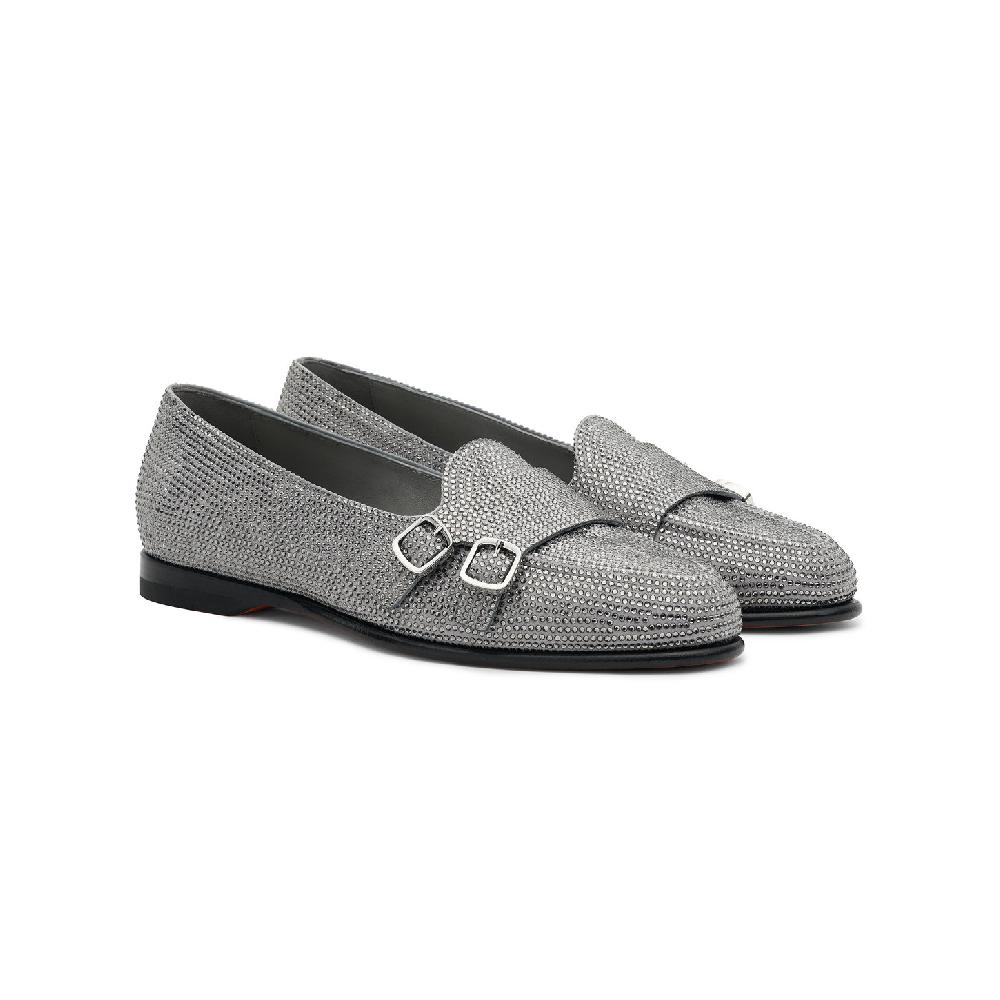 Santoni Mocassino Andrea doppia fibbia da donna in strass argento Offerta