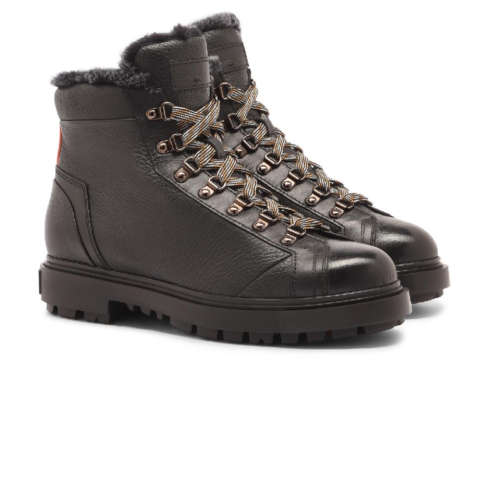 Santoni Scarponcino da montagna da uomo in pelle bottalata nera con pelliccia In Linea