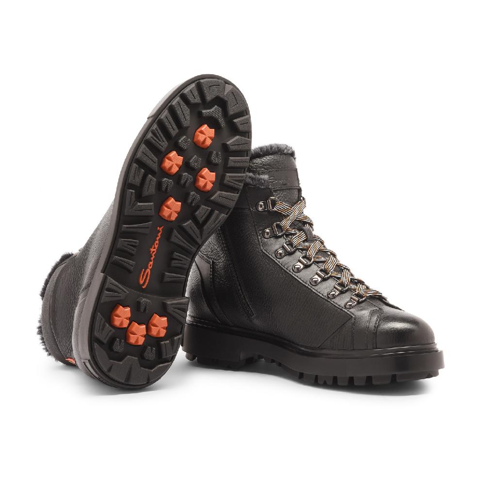 Santoni Scarponcino da montagna da uomo in pelle bottalata nera con pelliccia In Linea