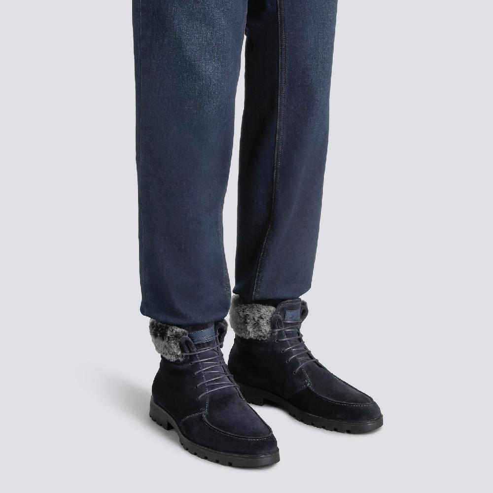 Santoni Stivaletto stringato con pelliccia da uomo in suede blu Qualità