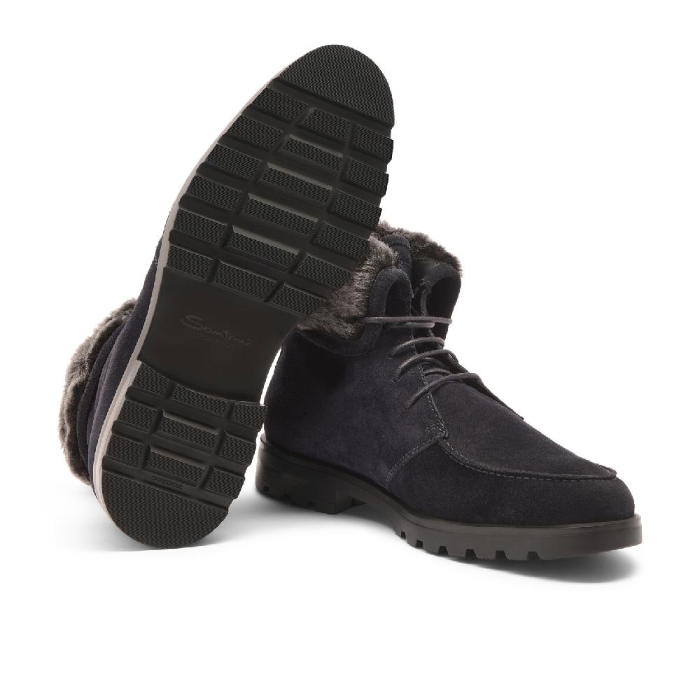 Santoni Stivaletto stringato con pelliccia da uomo in suede blu Qualità