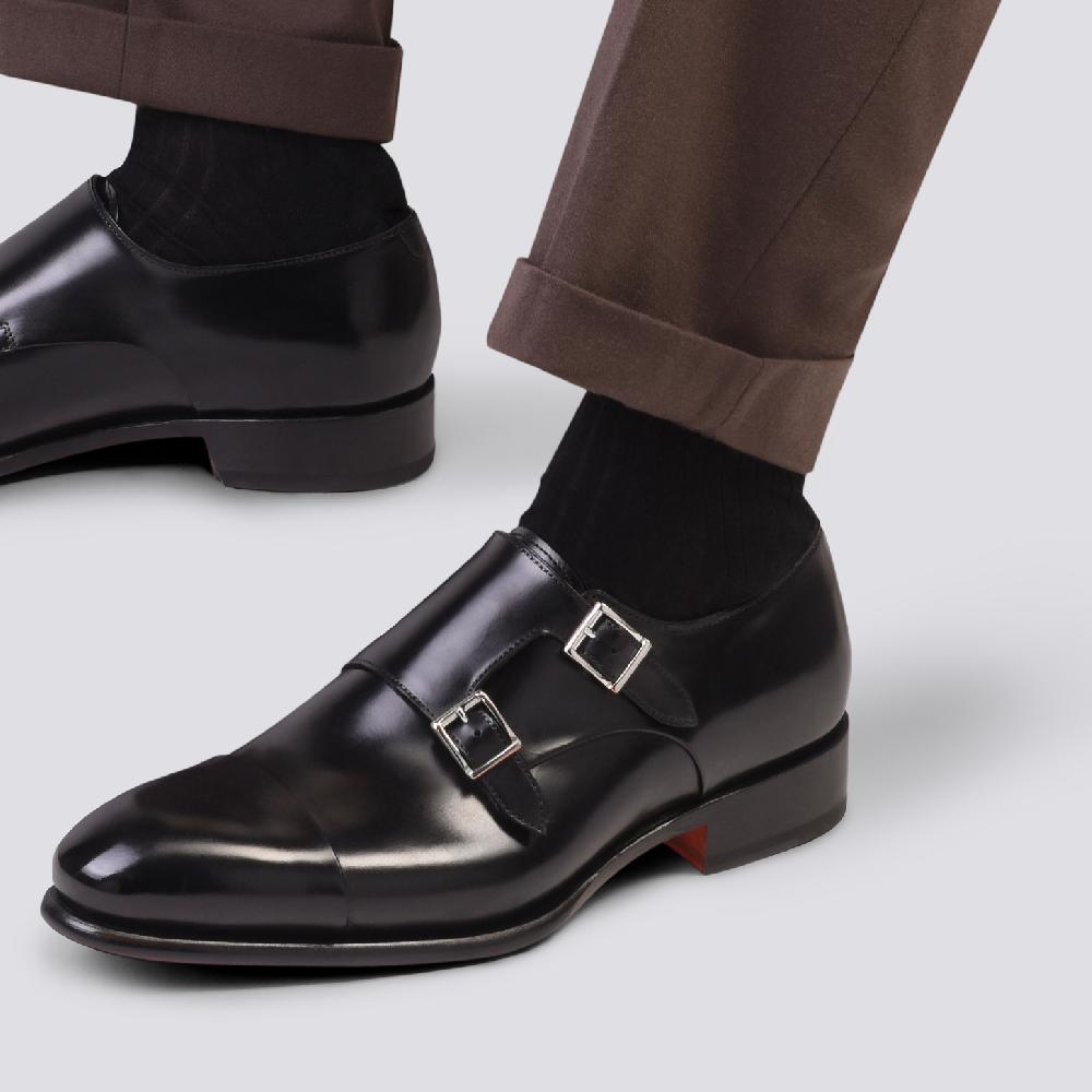 Santoni Doppia fibbia da uomo in pelle anticata nera Soddisfazione Garantita