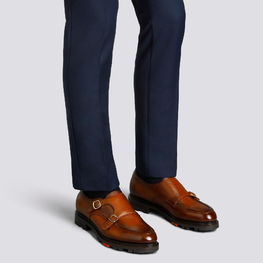 Santoni Doppia fibbia da uomo in pelle marrone Acquista Ora