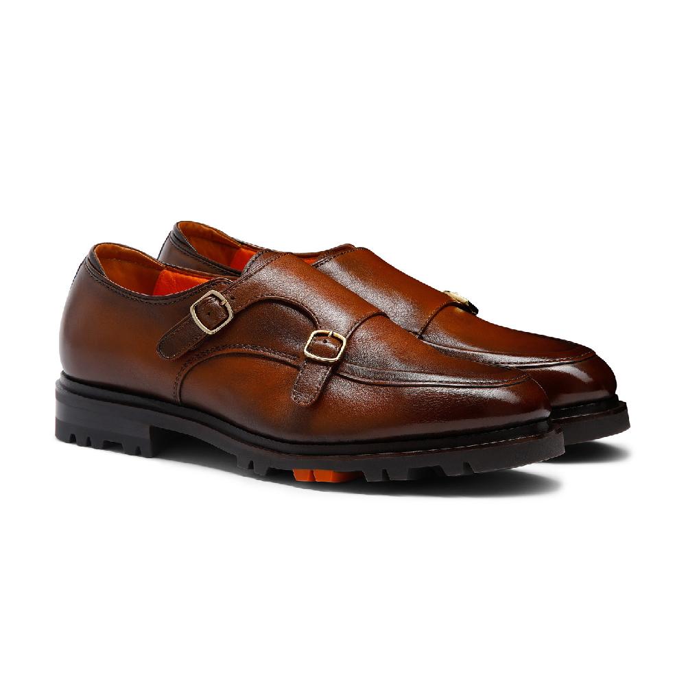 Santoni Doppia fibbia da uomo in pelle marrone Acquista Ora