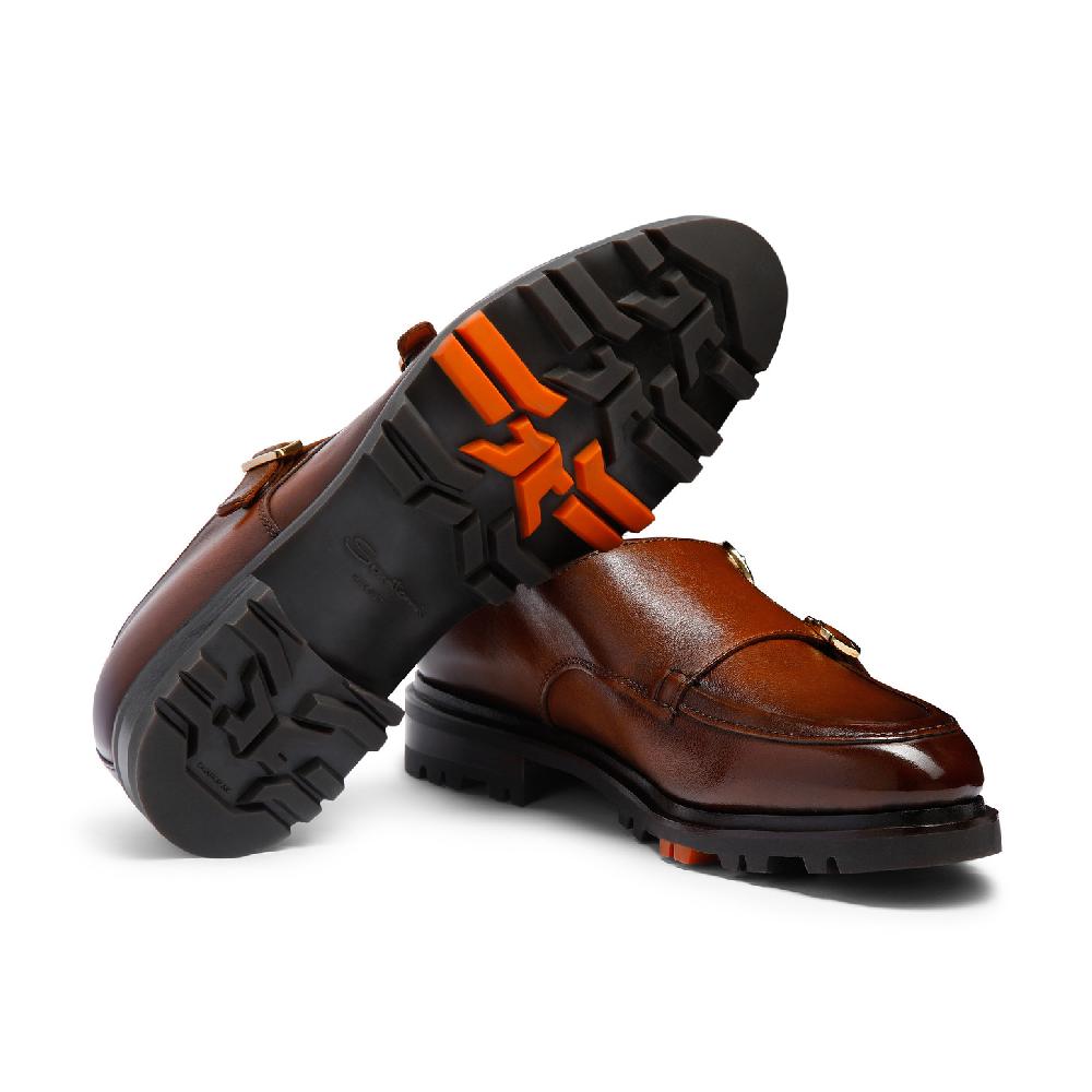 Santoni Doppia fibbia da uomo in pelle marrone Acquista Ora