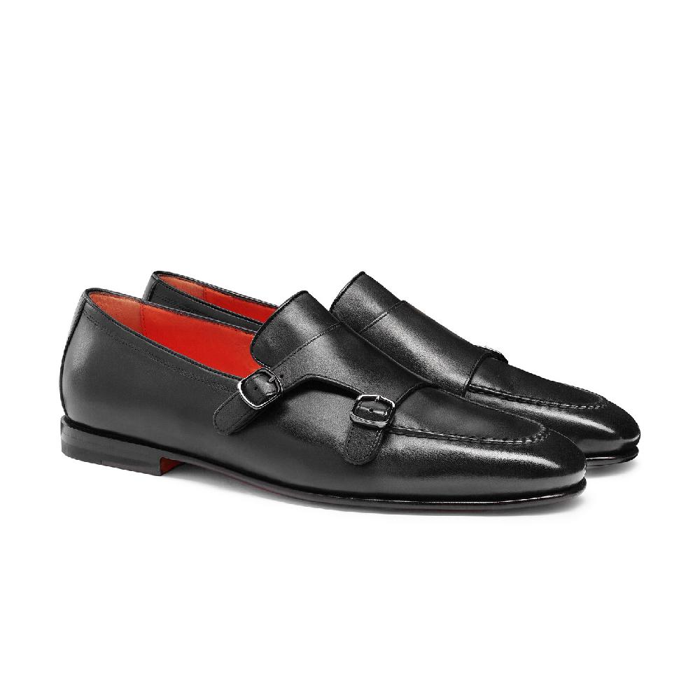 Santoni Mocassino con doppia fibbia da uomo in pelle anticata nera Vendite Flash