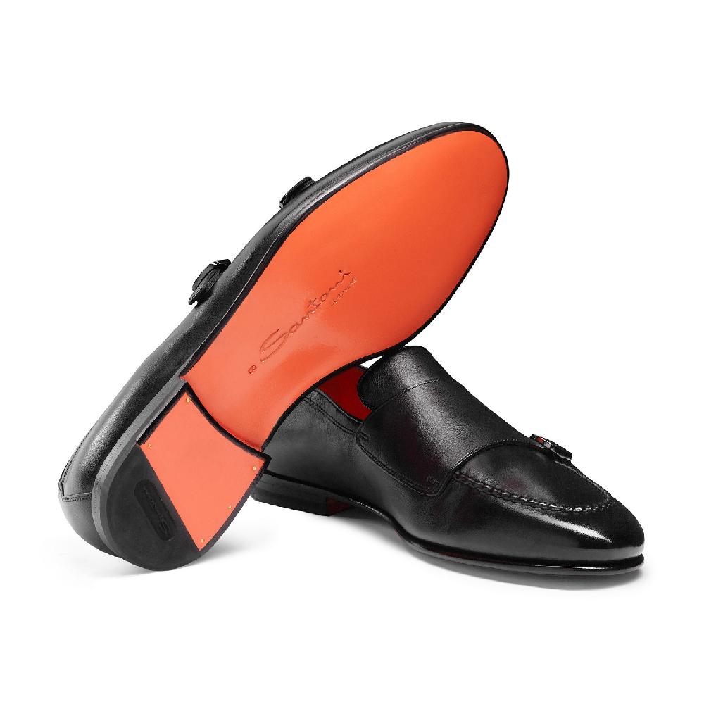Santoni Mocassino con doppia fibbia da uomo in pelle anticata nera Vendite Flash