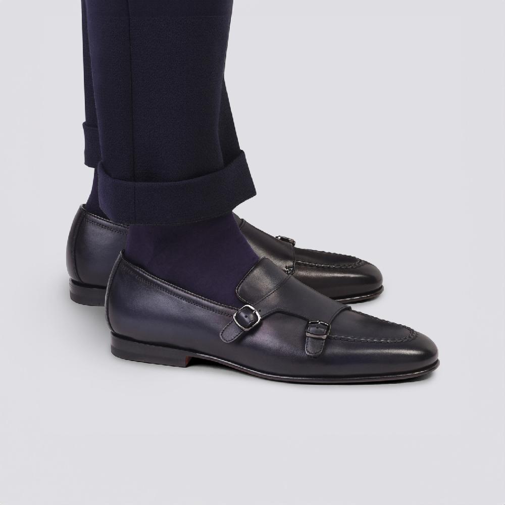 Santoni Mocassino con doppia fibbia da uomo in pelle anticata blu Negozio