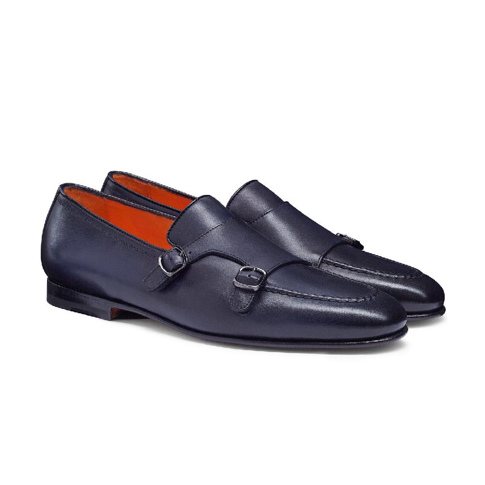 Santoni Mocassino con doppia fibbia da uomo in pelle anticata blu Negozio