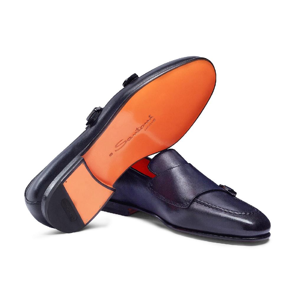 Santoni Mocassino con doppia fibbia da uomo in pelle anticata blu Negozio
