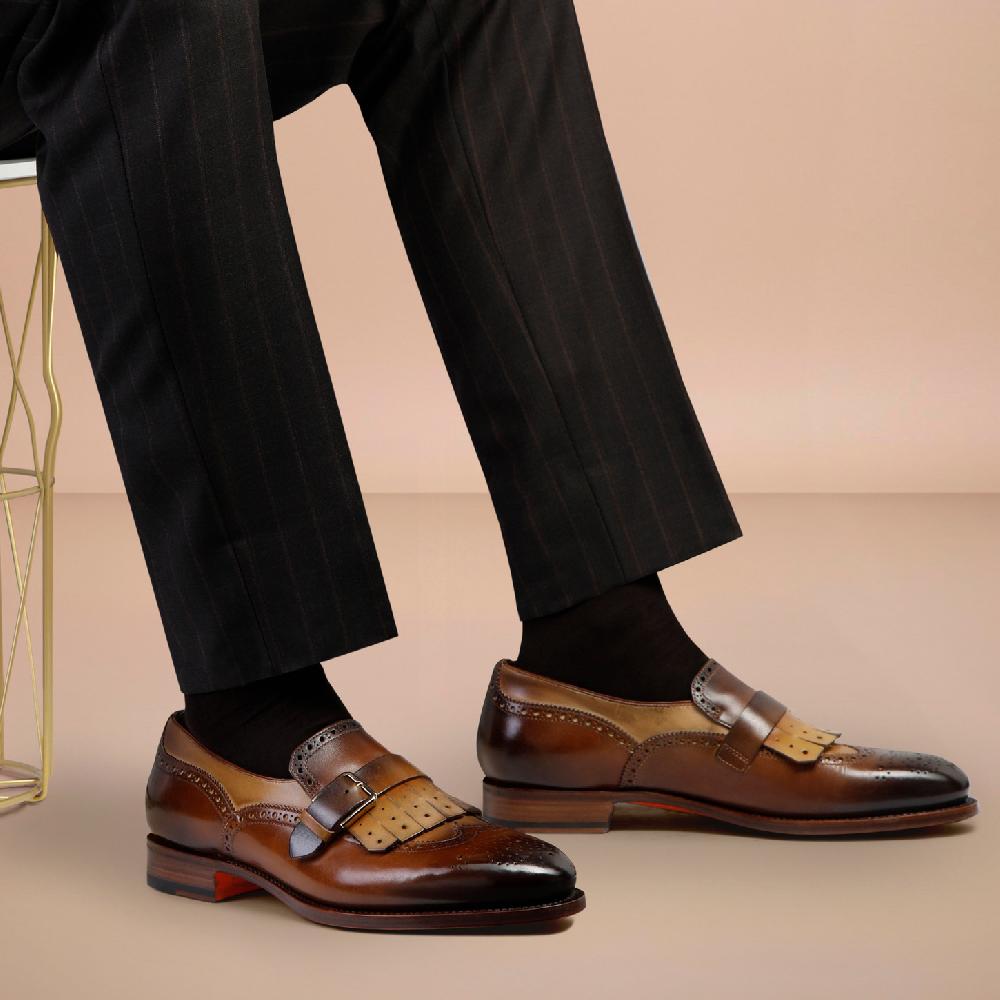 Santoni Mocassino mono fibbia con frangia da uomo in pelle marrone Vendita