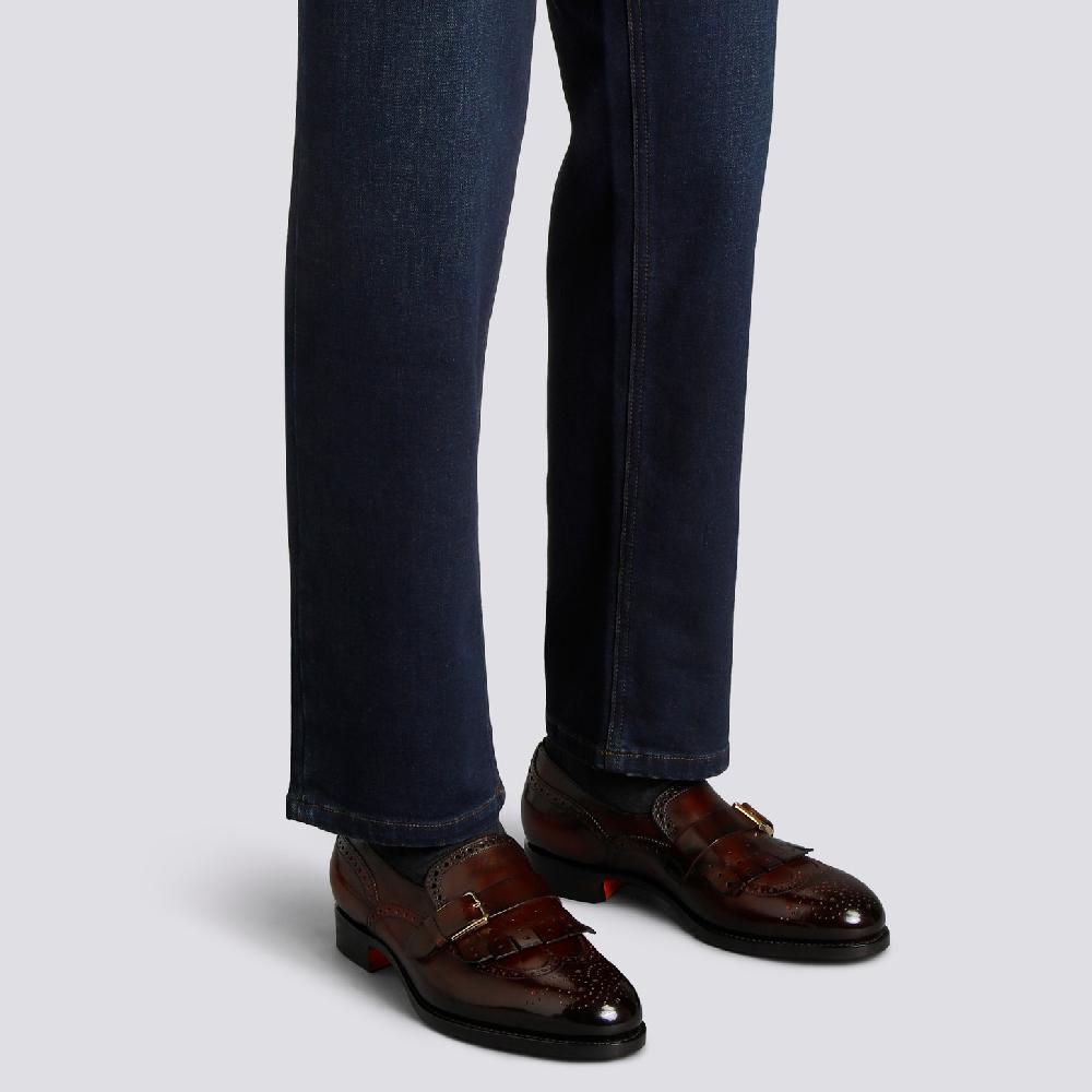 Santoni Mocassino mono-fibbia con frangia da uomo in pelle bordeaux Promozione