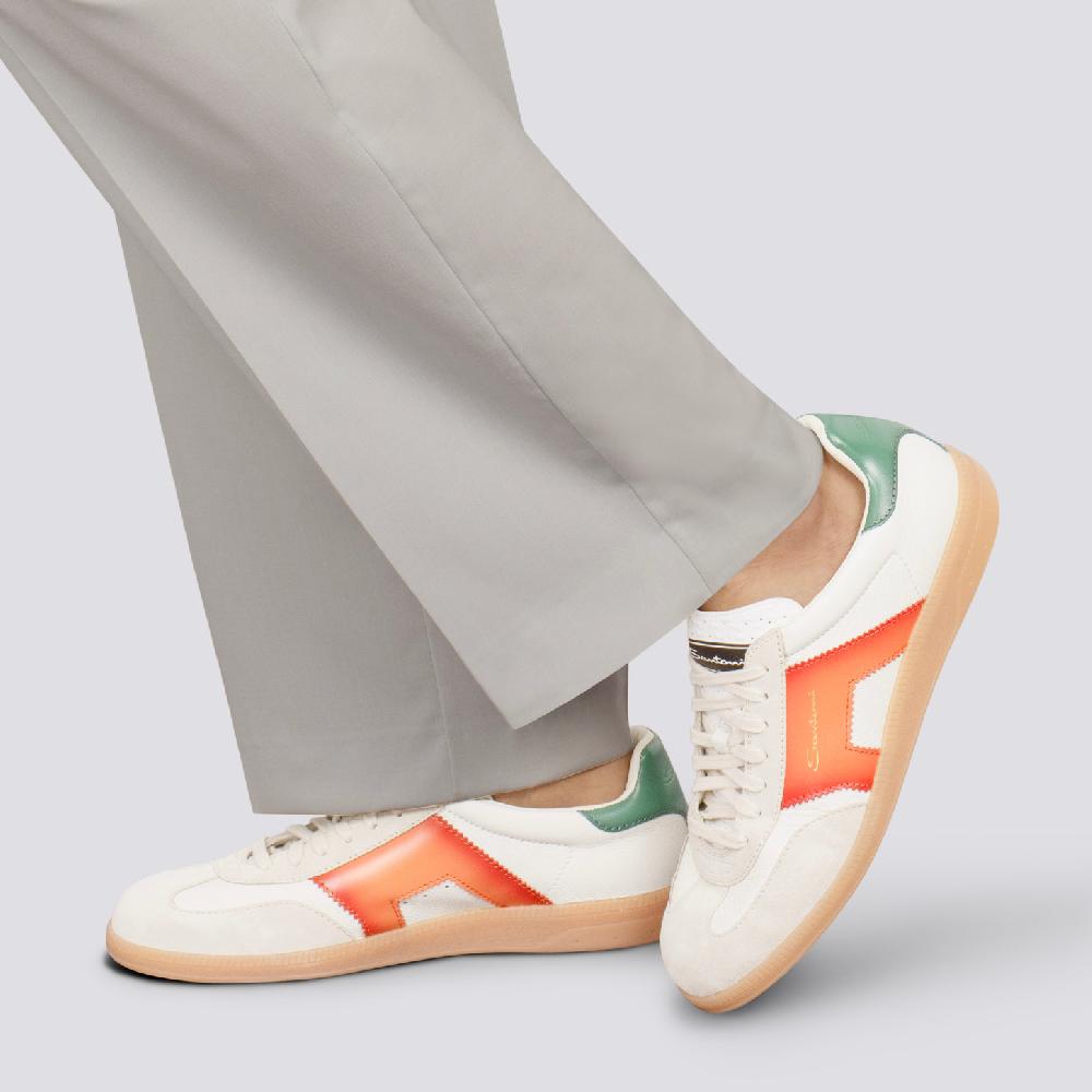 Santoni DBS Oly sneaker da uomo in pelle e suede bianco verde e arancione Acquista Ora