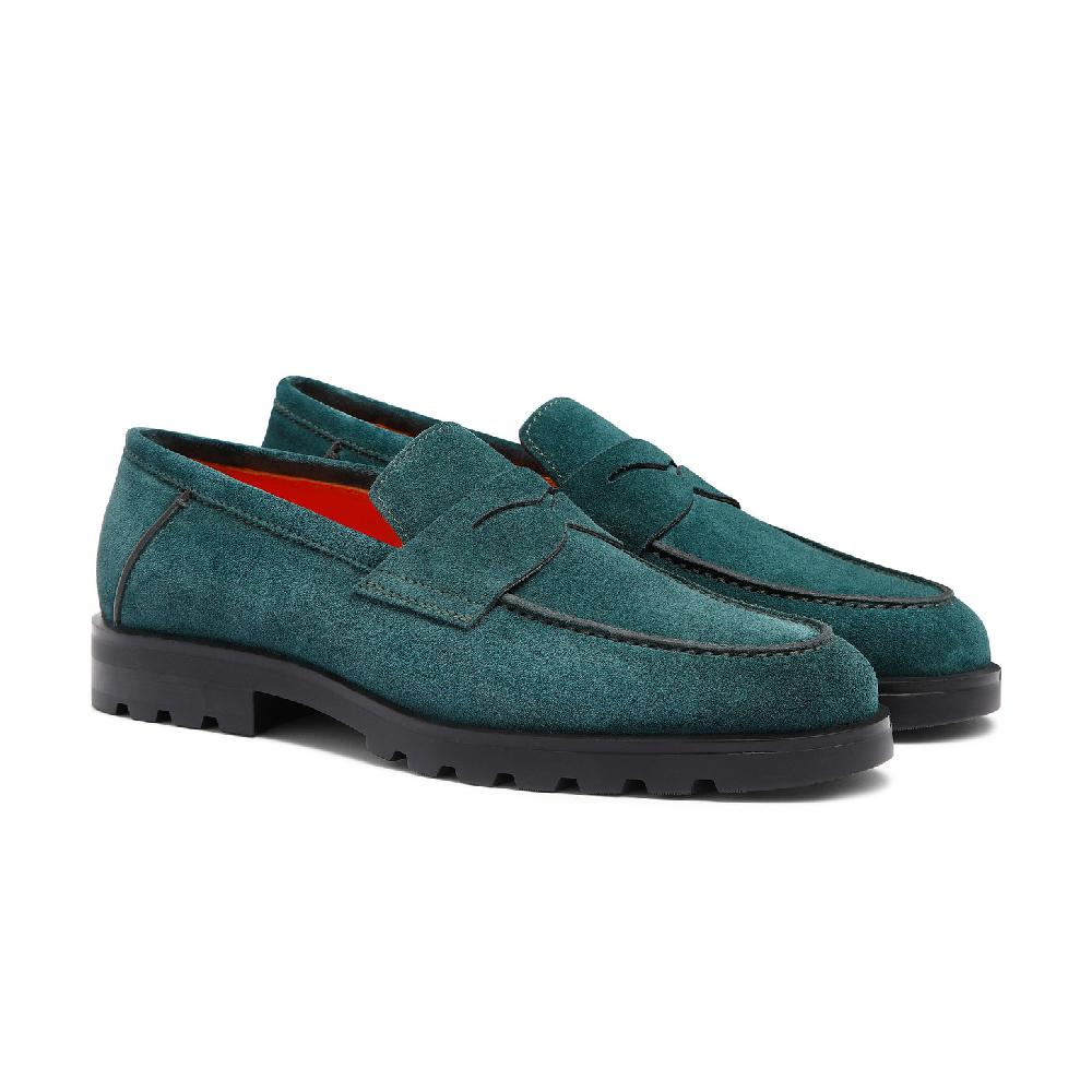 Santoni Mocassino penny da uomo in suede verde scuro Consegna Veloce