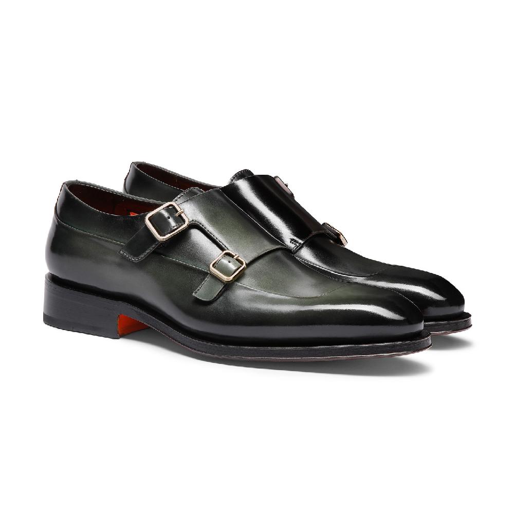 Santoni Doppia fibbia da uomo in pelle verde Sottocosto