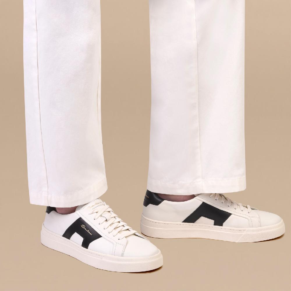 Santoni Double buckle sneaker da uomo in pelle bianca e nera Novità