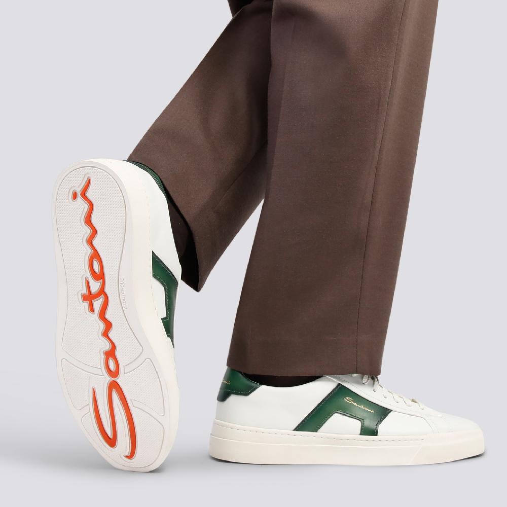 Santoni Double buckle sneaker da uomo in pelle bianca e verde Presa