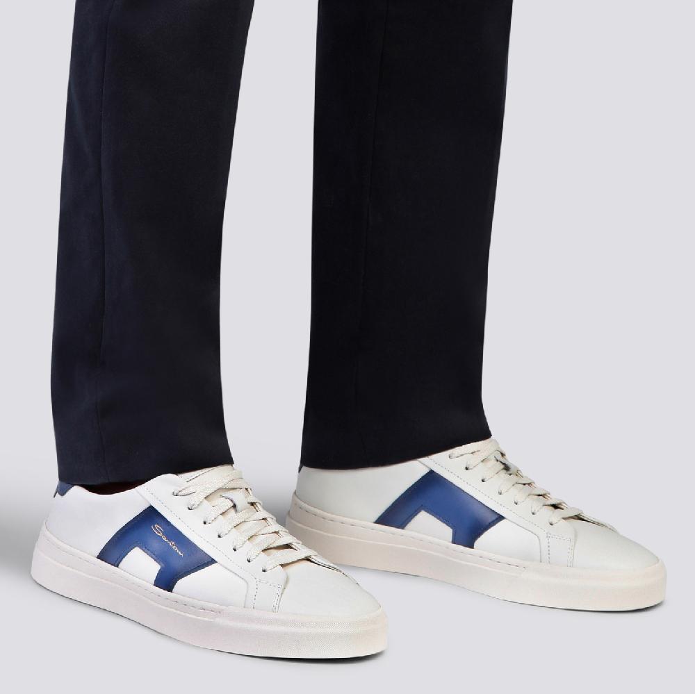 Santoni Double buckle sneaker da uomo in pelle bianca e blu Sconto