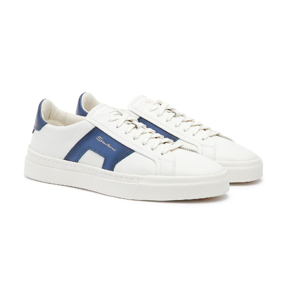 Santoni Double buckle sneaker da uomo in pelle bianca e blu Sconto