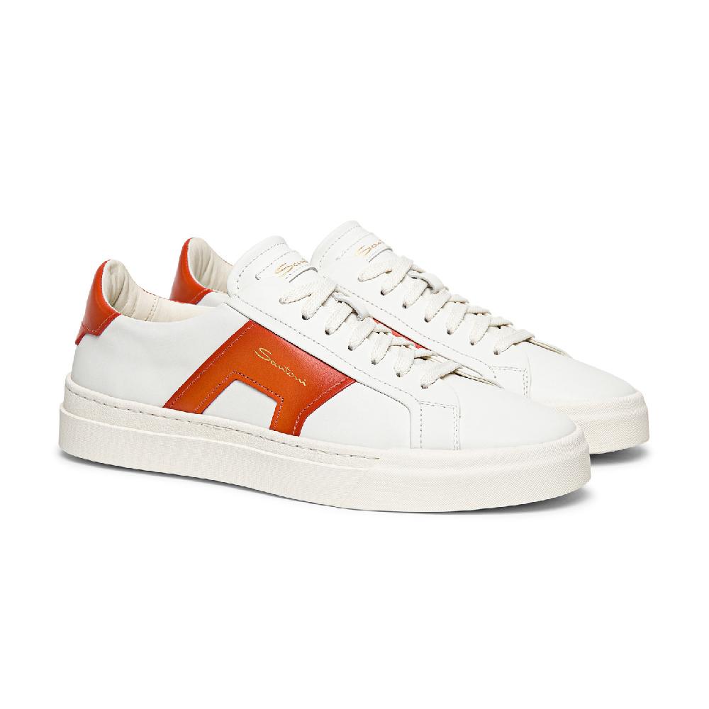 Santoni Double buckle sneaker da uomo in pelle bianca e arancione Offerta