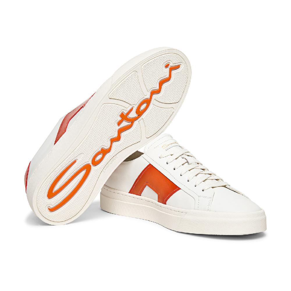 Santoni Double buckle sneaker da uomo in pelle bianca e arancione Offerta