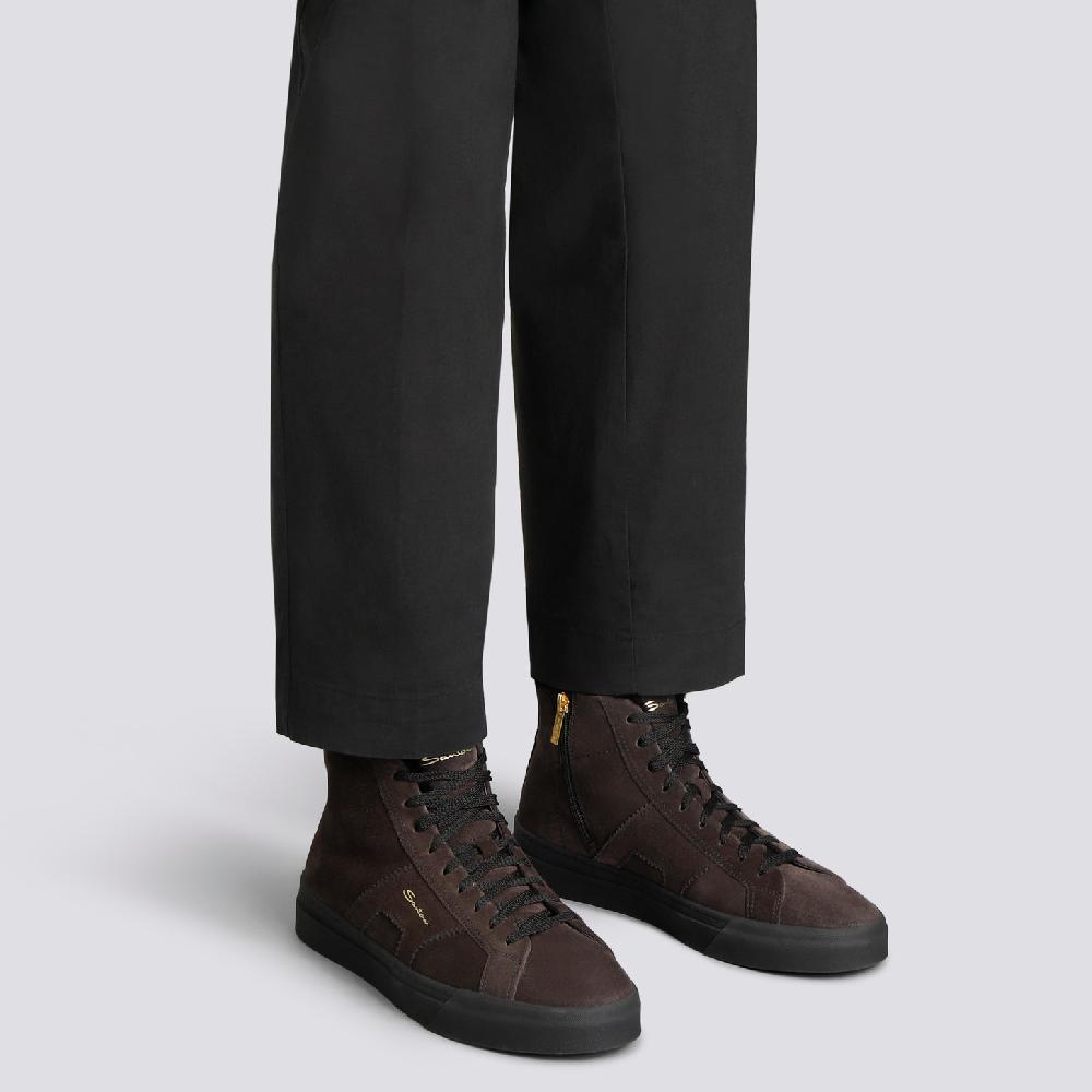 Santoni Double buckle sneaker alta con pelliccia da uomo in suede grigio In Linea