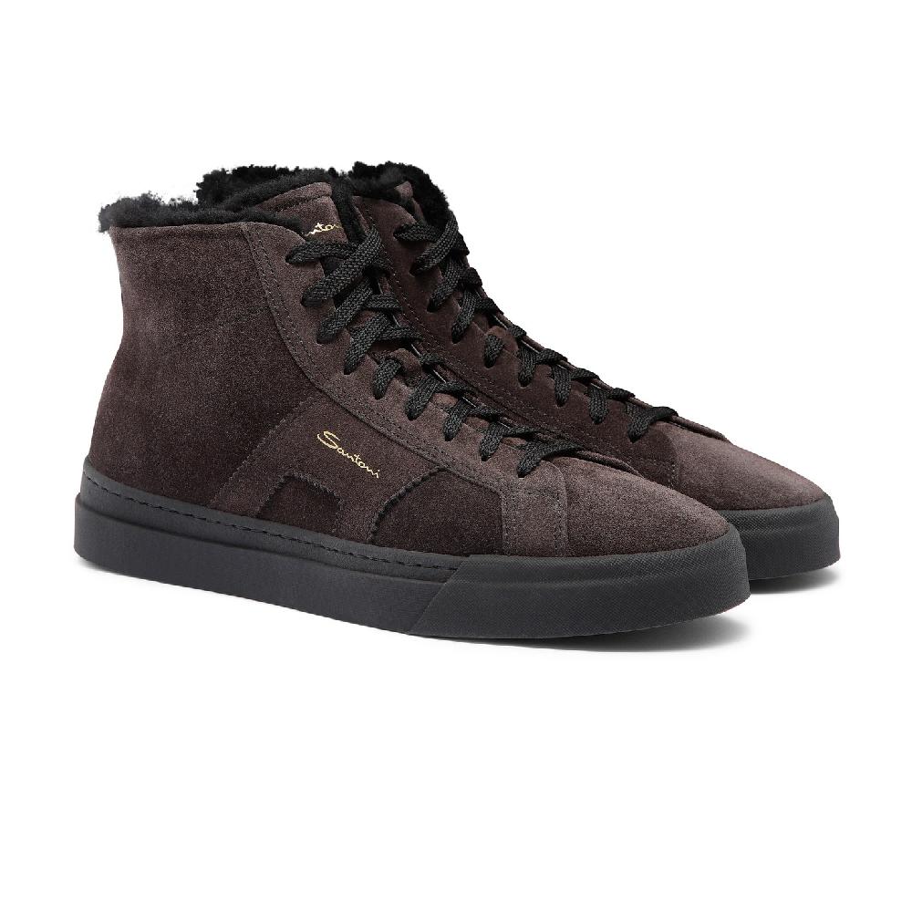 Santoni Double buckle sneaker alta con pelliccia da uomo in suede grigio In Linea