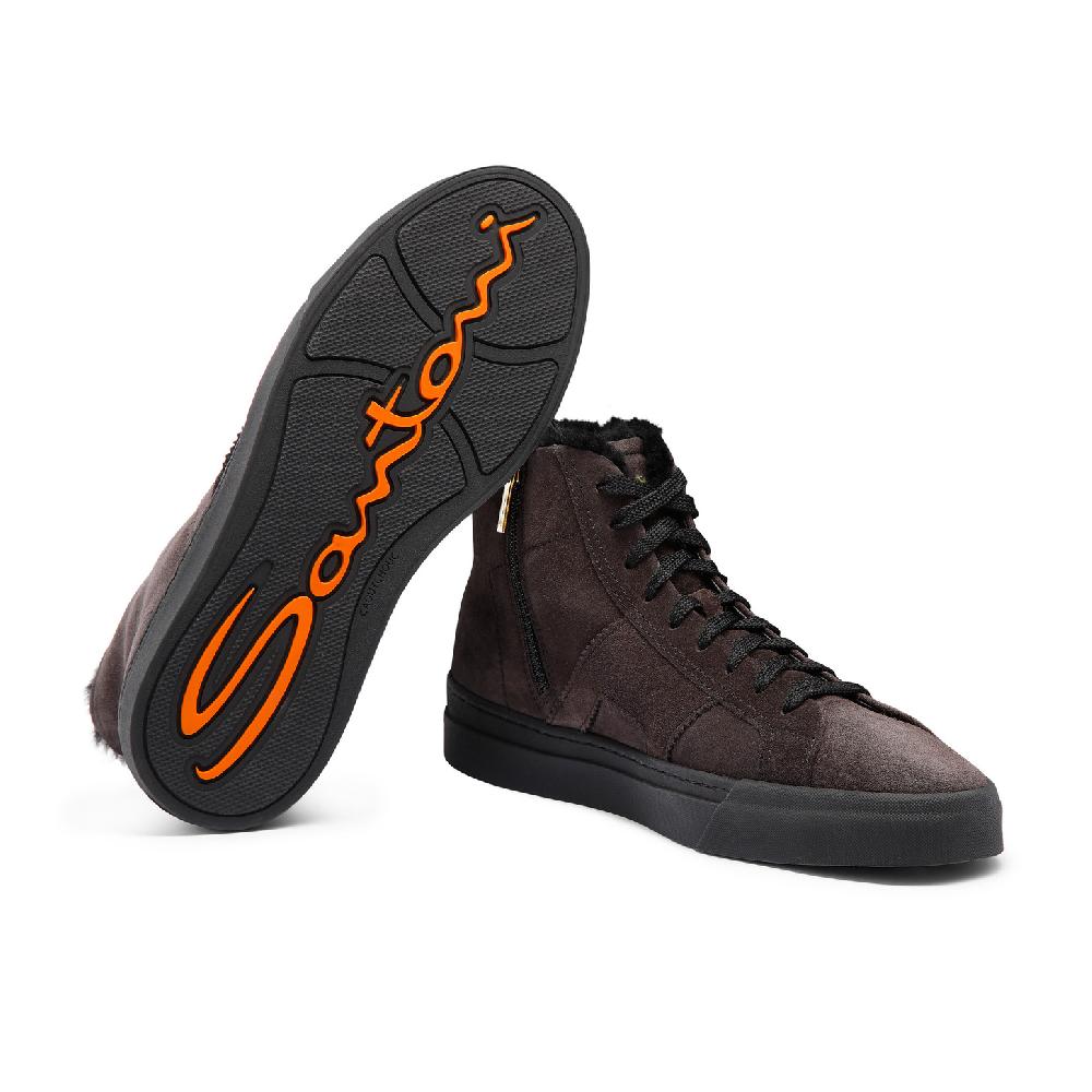 Santoni Double buckle sneaker alta con pelliccia da uomo in suede grigio In Linea