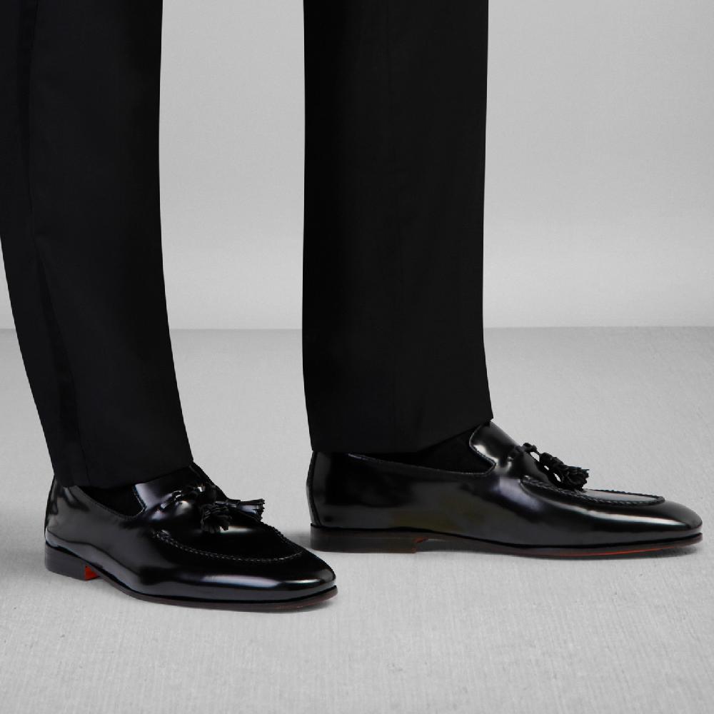 Santoni Mocassino con nappe da uomo in pelle nero Promozione