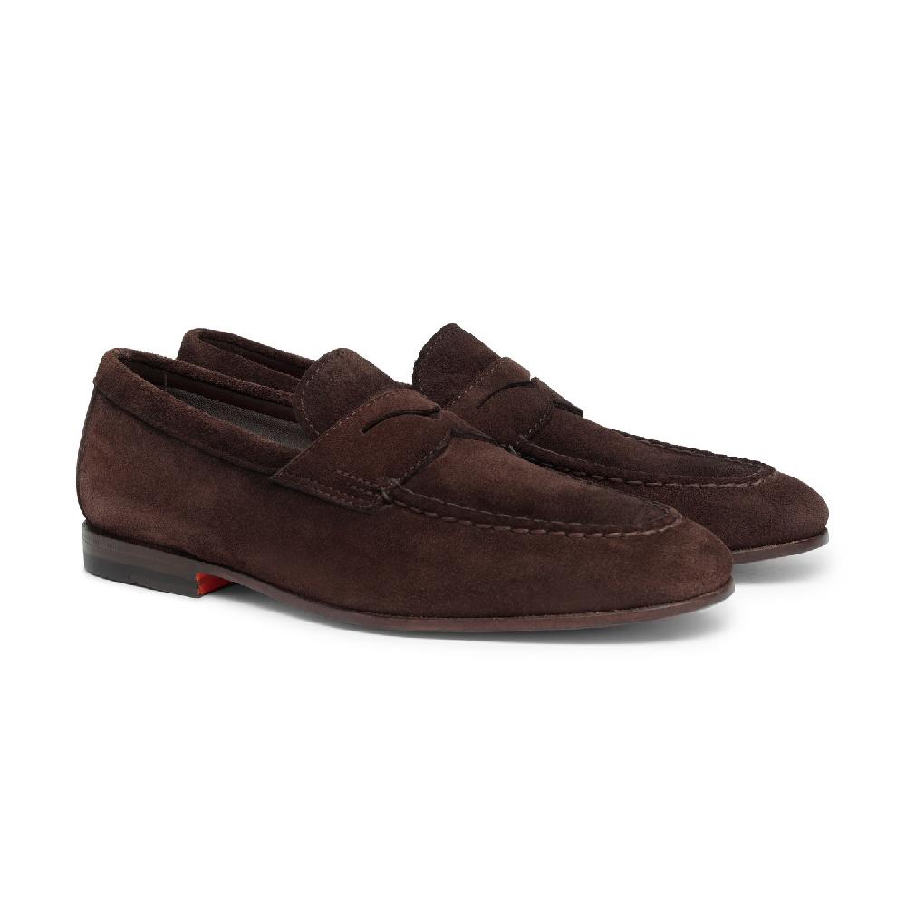 Santoni Mocassino penny da uomo in suede marrone Sconti questo mese
