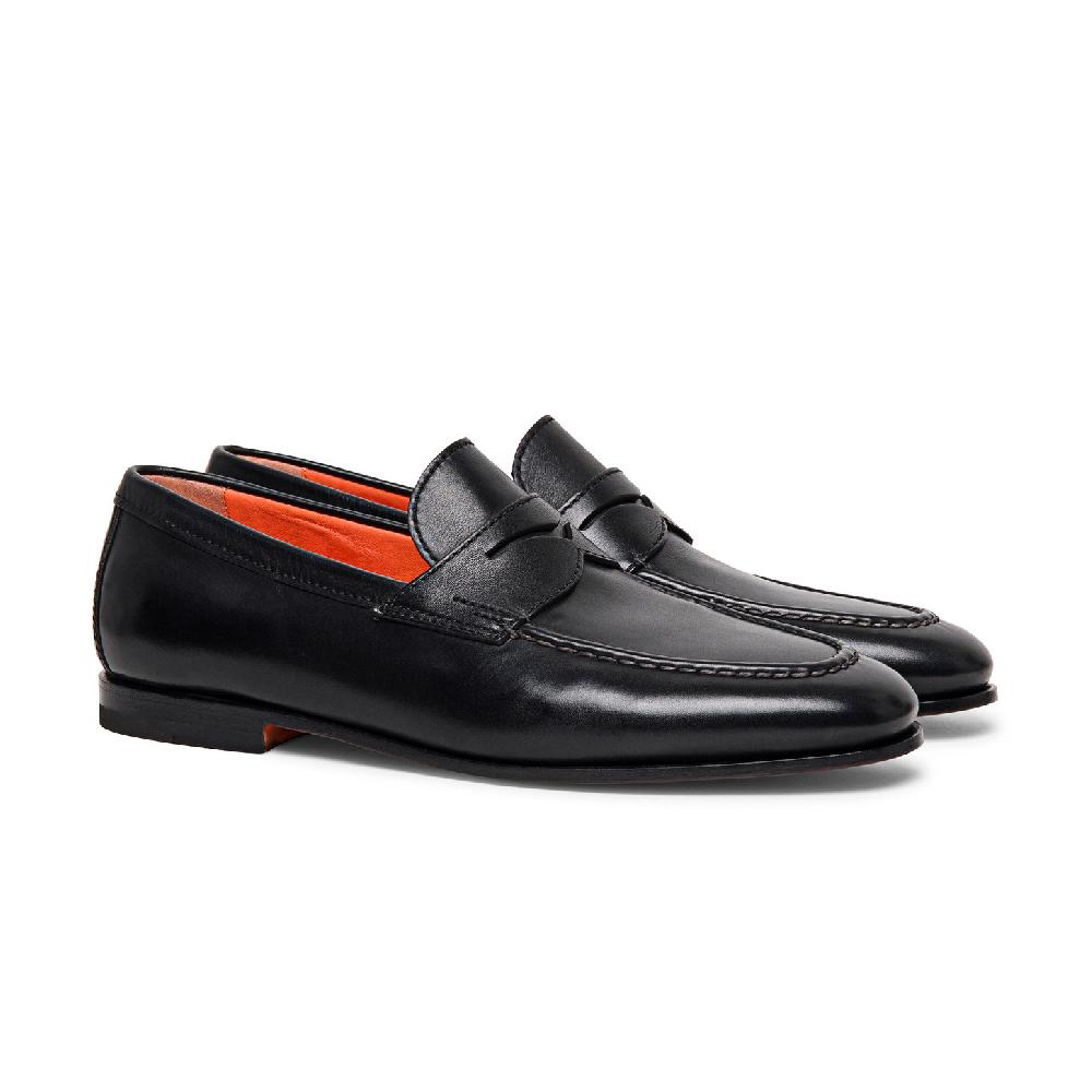 Santoni Mocassino penny da uomo in pelle nera Sottocosto