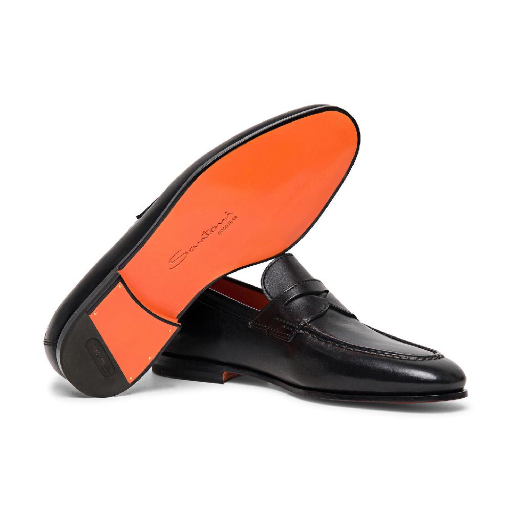 Santoni Mocassino penny da uomo in pelle nera Sottocosto