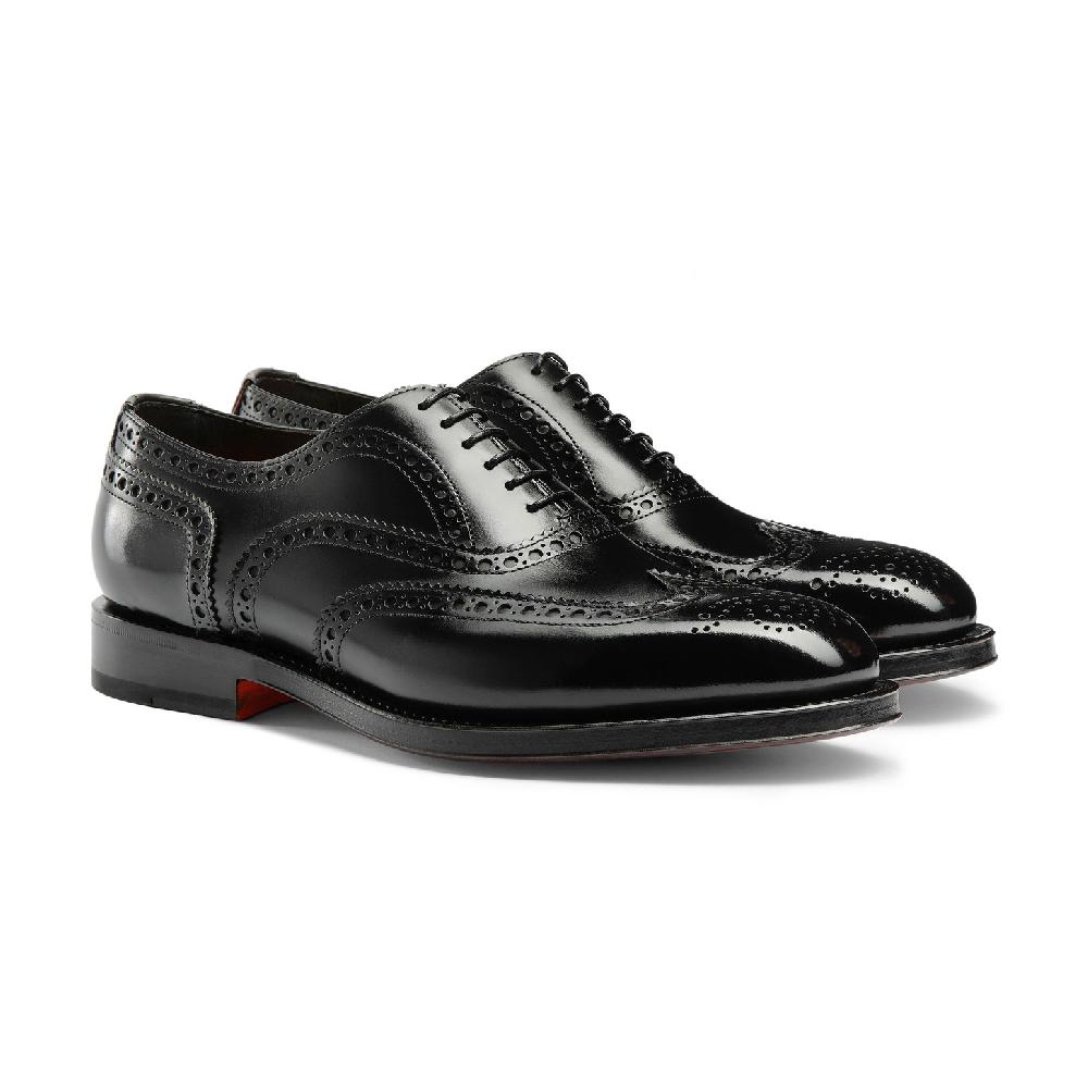 Santoni Stringata oxford brogue da uomo in pelle anticata nera Vendite Flash