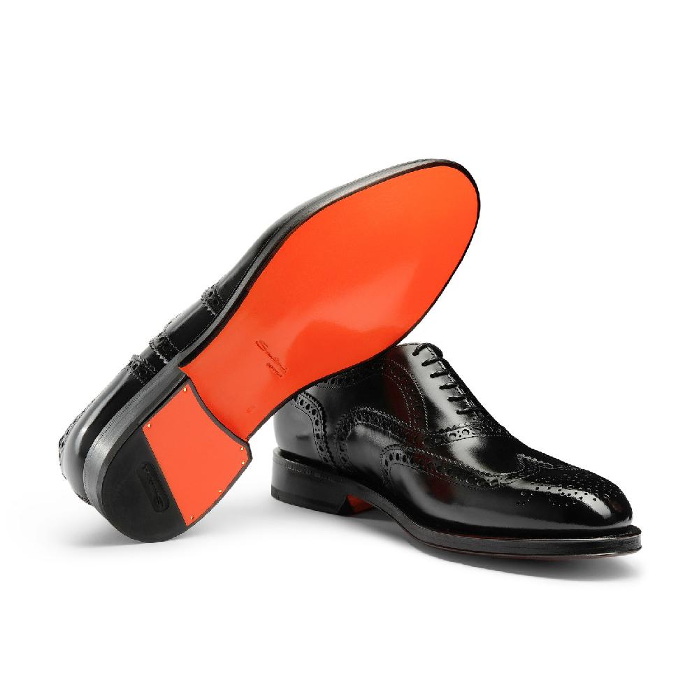 Santoni Stringata oxford brogue da uomo in pelle anticata nera Vendite Flash