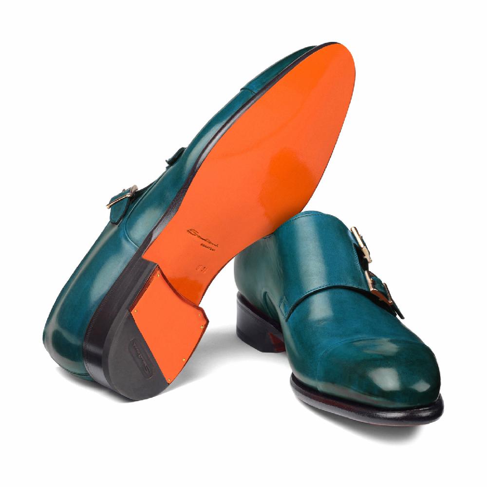 Santoni Doppia fibbia da uomo in pelle turchese In Saldo