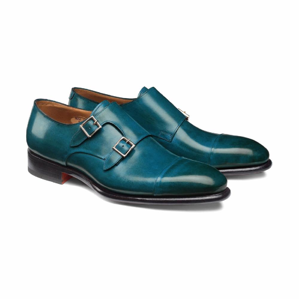 Santoni Doppia fibbia da uomo in pelle turchese In Saldo