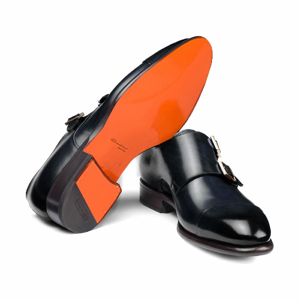 Santoni Doppia fibbia da uomo in pelle blu Nuova