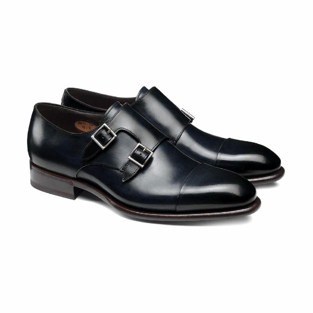 Santoni Doppia fibbia da uomo in pelle blu Nuova