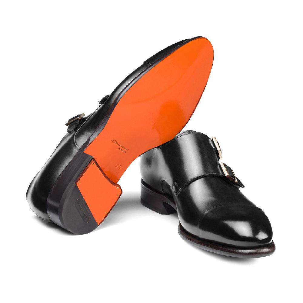 Santoni Doppia fibbia da uomo in pelle nera Moda