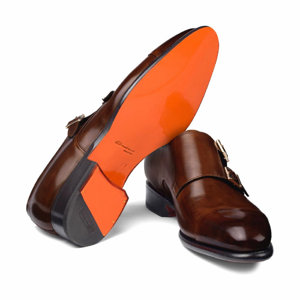 Santoni Doppia fibbia da uomo in pelle marrone medio Italy