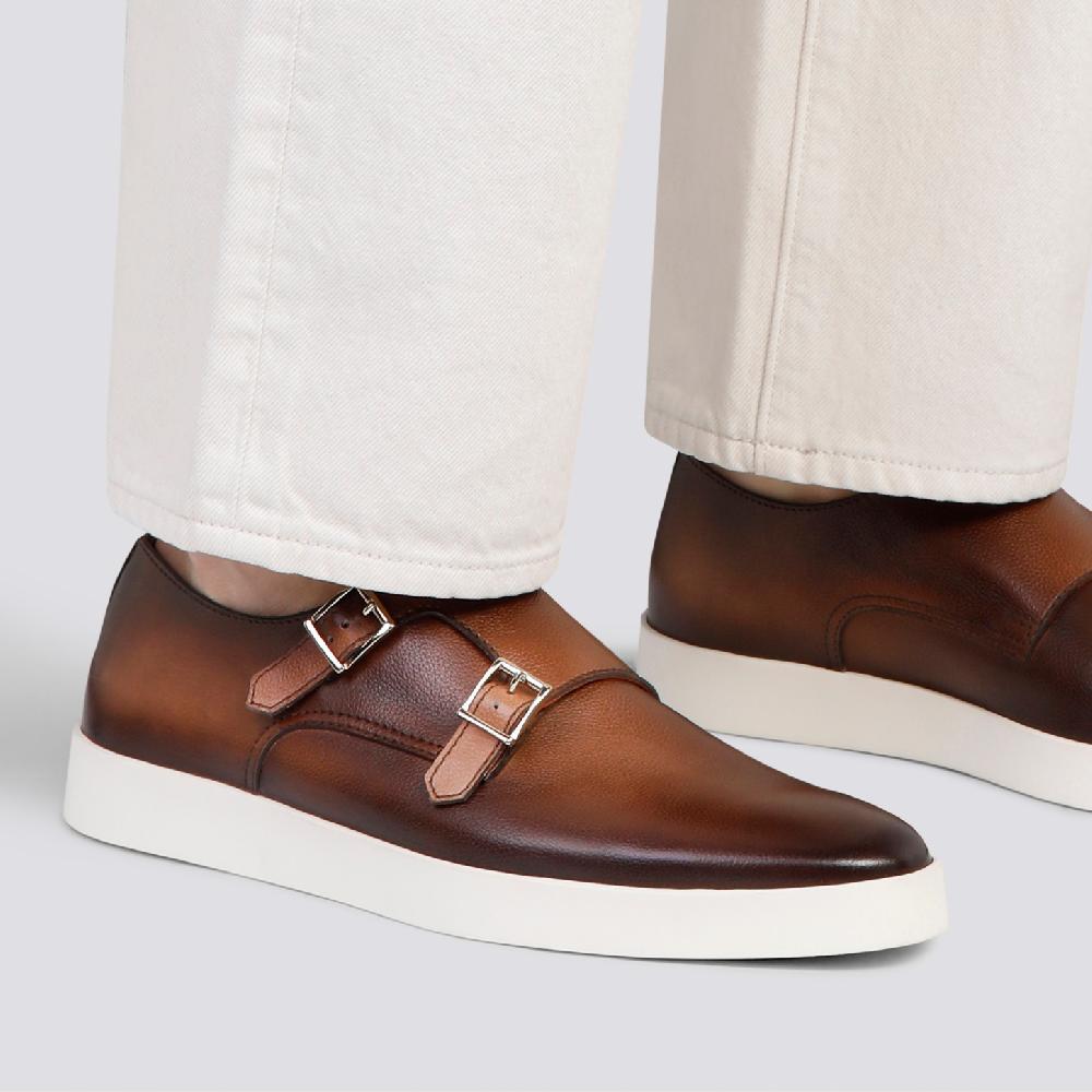 Santoni Doppia fibbia da uomo in pelle bottalata marrone In Linea