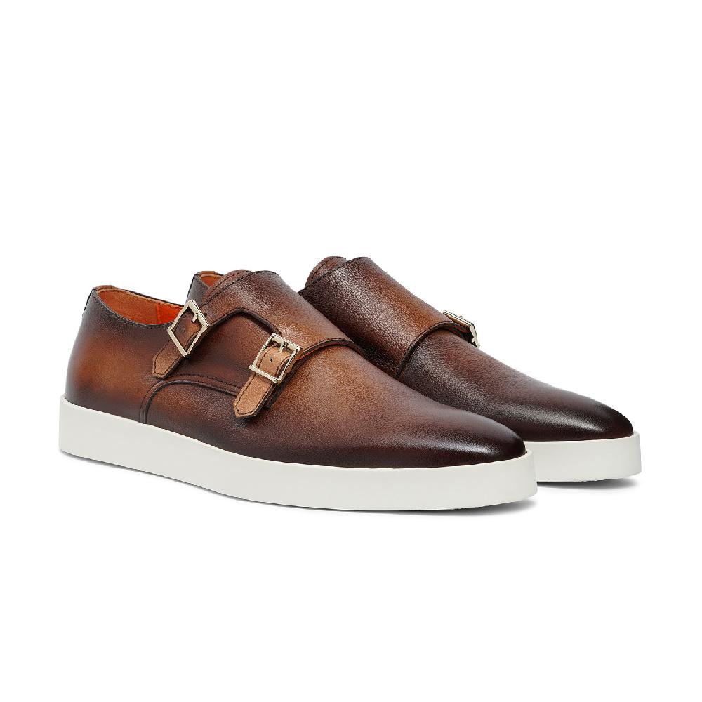 Santoni Doppia fibbia da uomo in pelle bottalata marrone In Linea