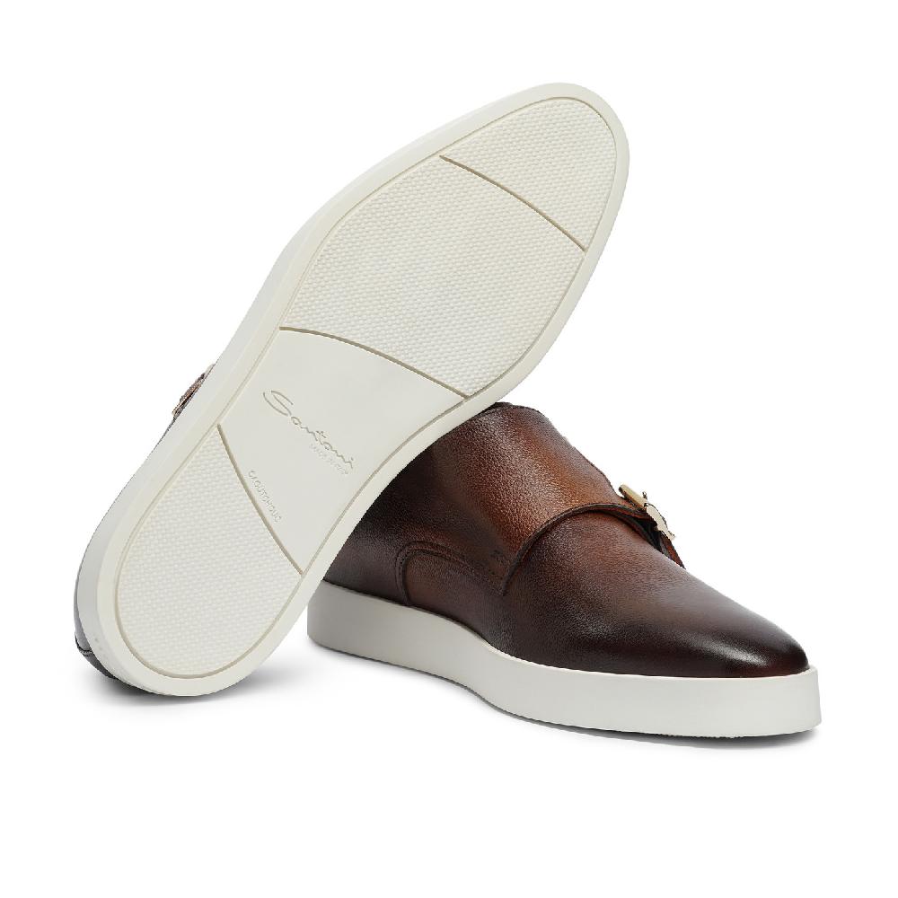 Santoni Doppia fibbia da uomo in pelle bottalata marrone In Linea