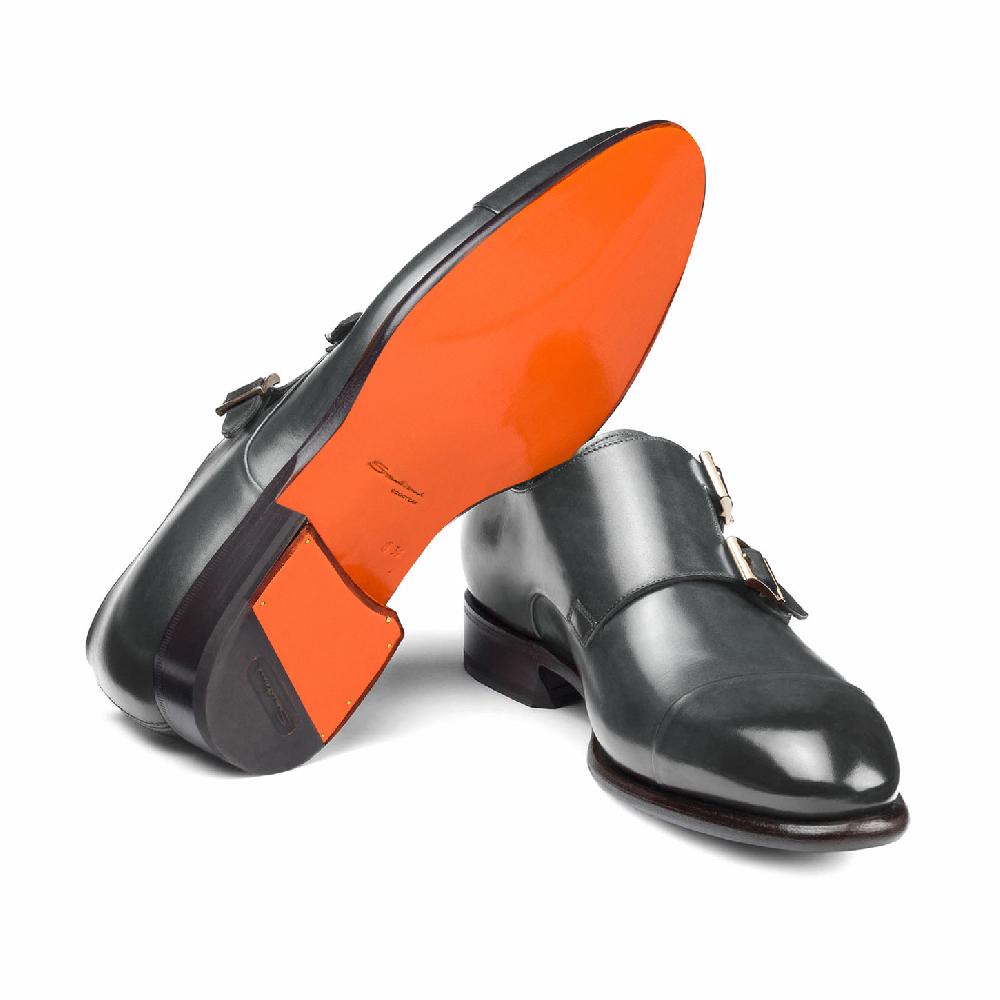 Santoni Doppia fibbia da uomo in pelle grigia Nuovo