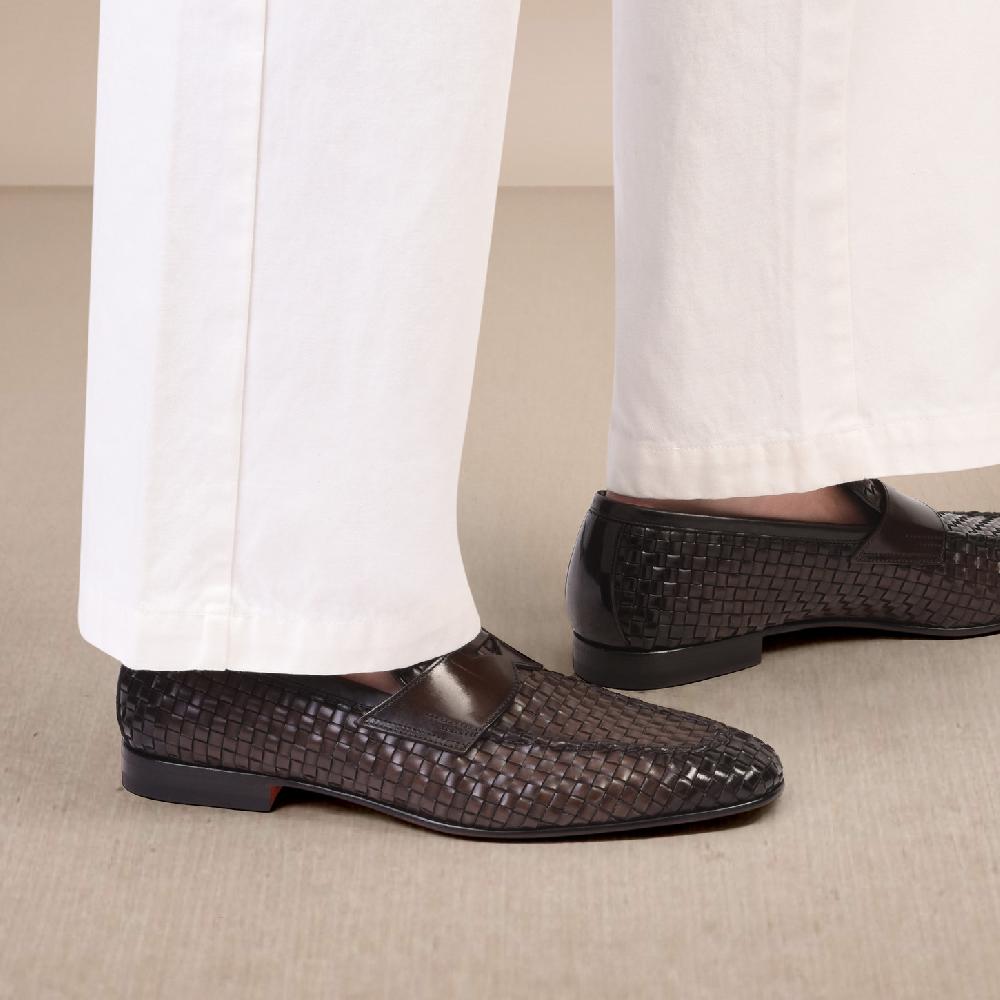 Santoni Mocassino penny con tomaia intrecciata da uomo in pelle marrone Spedizione Gratuita
