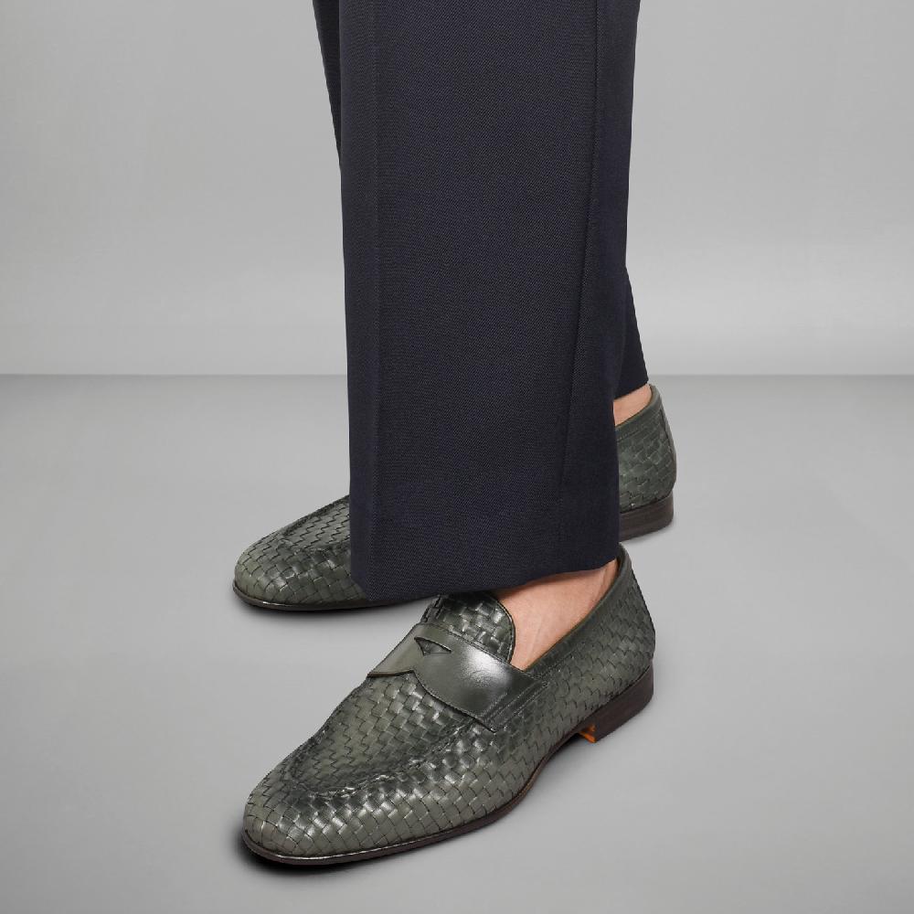 Santoni Mocassino da uomo in pelle intrecciata verde Consegna Veloce