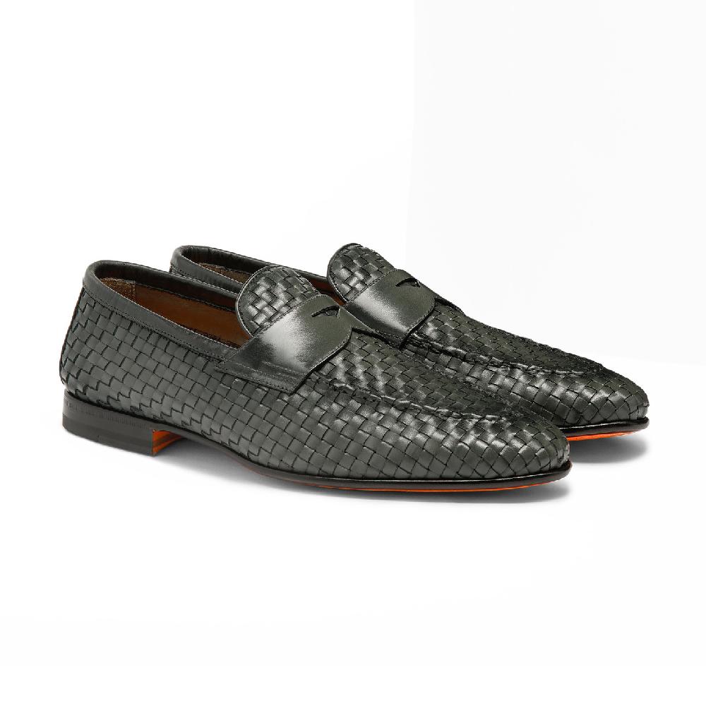 Santoni Mocassino da uomo in pelle intrecciata verde Consegna Veloce